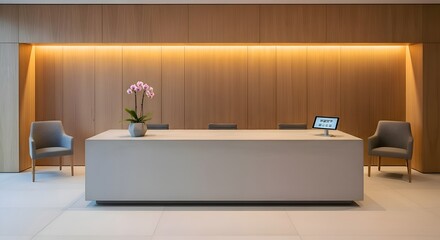 Fototapeta premium A centered minimalist reception desk area with soft lighting