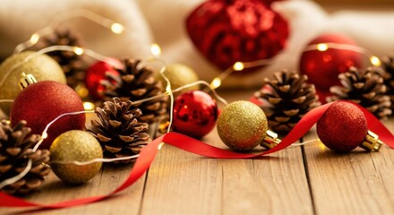 Christmas background with festive red and gold ornaments, pine cones, and glowing lights. Holiday season decorations on a rustic wooden table with copy space
