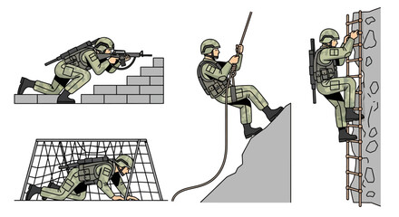 Obraz premium Vector collection of a soldier engaged in various military training exercises like rappelling, climbing, and obstacle course drills