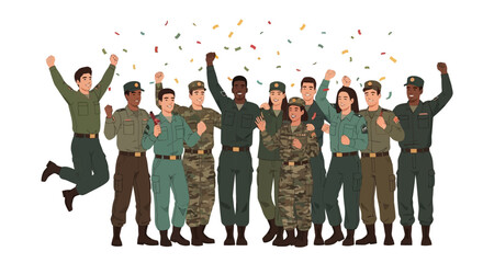 Obraz premium A joyful and diverse group of military soldiers in uniform celebrating their success together under falling confetti