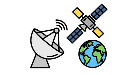 Fototapeta premium Global Satellite Communication Network Illustrative Concept of Earth, Satellite, and Dish Enabling Worldwide Data Transmission and Digital Connectivity