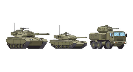 Obraz premium Military armored vehicles, including tanks and artillery, depicted in a simple, modern pixel art style on a white background