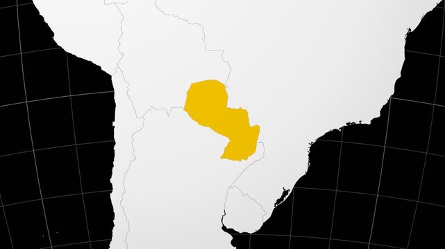 Paraguay map. Animated zoom into the country on the Globe in Black White color palette. Country logo animation. Map with meridians, parallels. Classic video.
