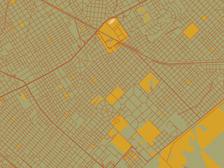 Abstract flat-design map of Los Polvorines, Argentina, featuring olive backdrop with warm rust street network and ochre blocks.