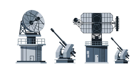 Military Radar Systems and Anti-Aircraft Guns Vector Illustration Set