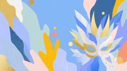 Naklejka premium Minimalist flat vector of carnival mask with flowing feathers and confetti in abstract geometric design, festive Carnival illustration