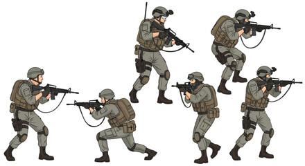 Tactical Soldiers in Combat Positions Ready for Action and Strategic Manoeuvres