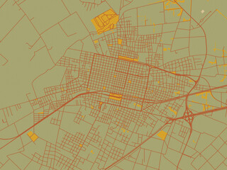 Vector-style flat map of Mercedes, Argentina with earthy sage background with rust roadways and ochre details.