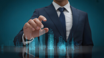 Confident professional shaping digital cityscape with futuristic planning and innovation