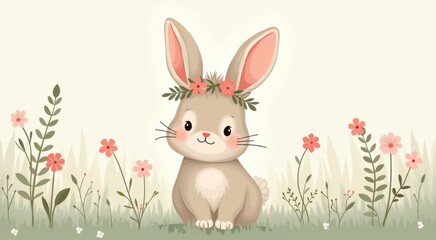 Obraz premium Rabbit with a flower crown sitting in the grass