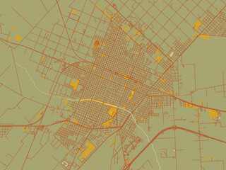 Graphic flat color map of Pergamino, Argentina in sage green ground with rust-red roads and ochre accents.