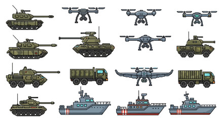 Obraz premium A collection of 8-bit military game assets featuring combat vehicles, naval ships, and unmanned aerial drones for retro videogames