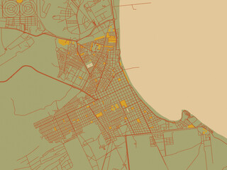 Stylized minimalist map of Puerto Madryn, Argentina in sage green ground with rust-red roads and ochre accents.