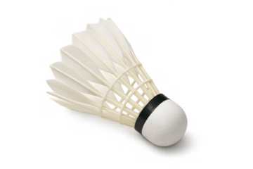 Badminton shuttlecock displaying white feathers and plastic base for competitive sport games, transparent background