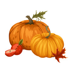 Autumn orange pumpkins, apples, forest fall leaves clipart composition. Seasonal harvest design for greeting card, poster, sticker. Vector hand drawn cartoon illustration isolated on white background
