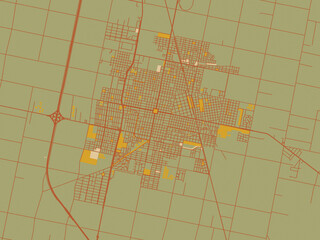 Modern flat map poster of Rafaela, Argentina in sage/olive tone field with rust networks and ochre shapes, cream water.