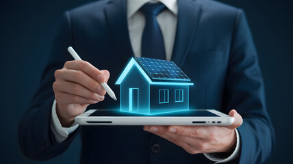 Professional hands using stylus on tablet to design sustainable solar powered home concept