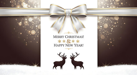 Festive Christmas and New Year greeting card with reindeer and ribbon.