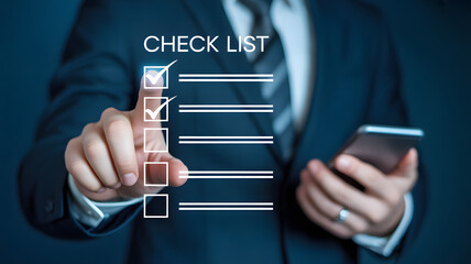 Confident professional checking off tasks on digital checklist, planning success with smartphone