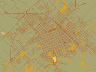 Vector-style flat map of Tandil, Argentina with olive backdrop with warm rust street network and ochre blocks.