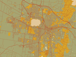 Stylized minimalist map of Ballarat, Australia in earthy sage background with rust roadways and ochre details.