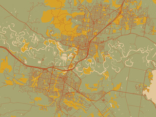 Vector-style flat map of Albury–Wodonga, Australia with muted sage base, rust-colored roads, and soft ochre highlights.