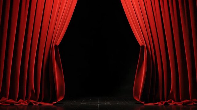 Red curtain sliding open to reveal dark stage
