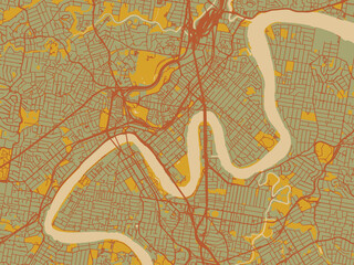 Decorative flat city map of Brisbane center, Australia using earthy sage background with rust roadways and ochre details.