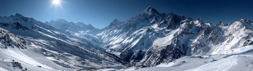 Obraz premium Sunlit slopes: capturing the magic of dombay's early snows. Studio shot. Golden sunlight kisses dombay's sparkling snowy peaks. High resolution. Copy space.