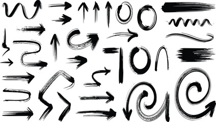 Abstract hand drawn brush arrow collection, messy ink direction symbols, artistic sketch pointers for creative navigation and design elements