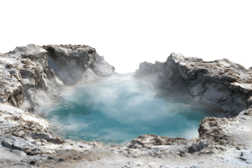 Sulfur crater lake with turquoise steaming water and rocky edges, isolated on transparent background