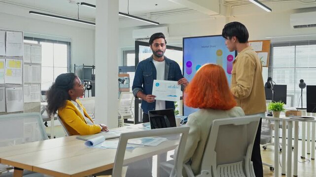 Diverse fintech innovators and multiethnic professionals collaborate in an agile hackathon workshop, integrating AI-powered analytics and adaptive business models to drive exponential growth, digital 