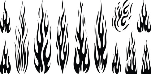 Black tribal flame silhouettes, burning fire symbols, tattoo-style vector shapes, perfect for decals, hot rod graphics, and design