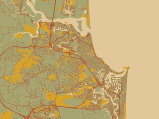 Fototapeta premium Poster-ready flat map of Sunshine Coast, Australia, sage/olive tone field with rust networks and ochre shapes, cream water.