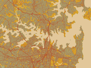 Flat painterly map of Sydney Harbour, Australia in sage/olive tone field with rust networks and ochre shapes, cream water.