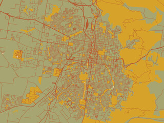 Decorative flat city map of Toowoomba, Australia using sage/olive tone field with rust networks and ochre shapes, cream water.