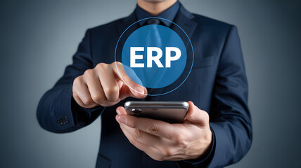 Confident businessman uses mobile phone to access ERP system, driving business efficiency and growth.