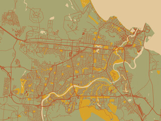 Abstract flat-design map of Townsville, Australia, featuring earthy sage background with rust roadways and ochre details.