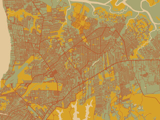 Abstract flat-design map of Ananindeua, Brazil, featuring sage/olive tone field with rust networks and ochre shapes, cream water.