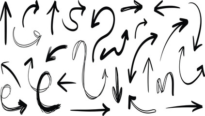 Hand-drawn black arrow doodles, curved and straight directional sketch elements, creative pointers for notes, presentations, infographic design