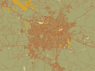Poster-ready flat map of Campina Grande, Brazil, sage green ground with rust-red roads and ochre accents.
