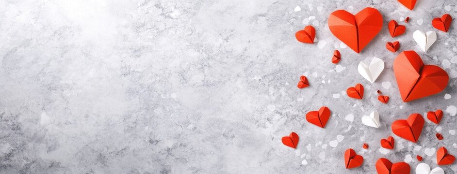 Delicate red paper hearts scattered on a textured surface for heartfelt celebrations, perfect for romantic gestures and special occasions