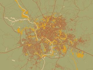 Vector-style flat map of Cuiaba, Brazil with sage green ground with rust-red roads and ochre accents.
