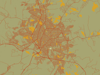 Graphic flat color map of Franca, Brazil in sage/olive tone field with rust networks and ochre shapes, cream water.