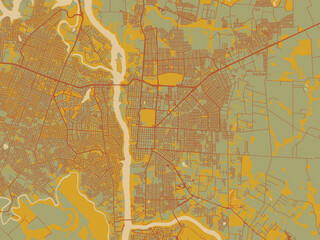 Stylized minimalist map of Foz do Iguacu, Brazil in sage green ground with rust-red roads and ochre accents.