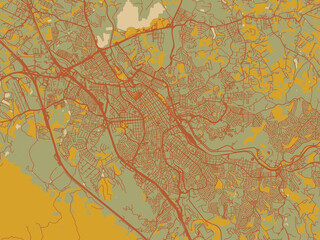 Stylized minimalist map of Jundiai, Brazil in sage/olive tone field with rust networks and ochre shapes, cream water.