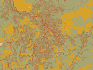 Minimalist flat city map of Juiz de Fora, Brazil with olive backdrop with warm rust street network and ochre blocks.