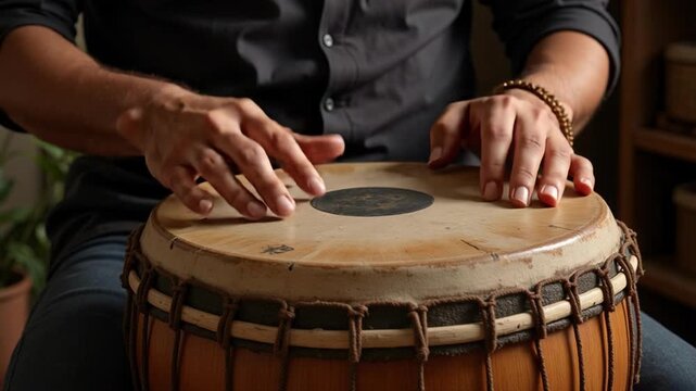 Dynamic dhol drumming performance in vibrant 4k, skilled hands create rhythm, cultural music celebration, energetic beats, traditional indian percussion