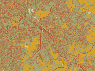 Contemporary flat map of Maua, Brazil design with earthy sage background with rust roadways and ochre details.