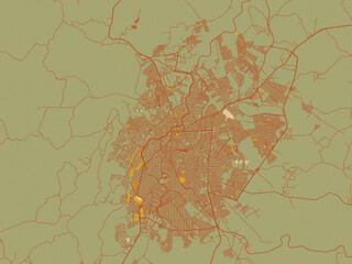 Abstract flat-design map of Montes Claros, Brazil, featuring sage green ground with rust-red roads and ochre accents.